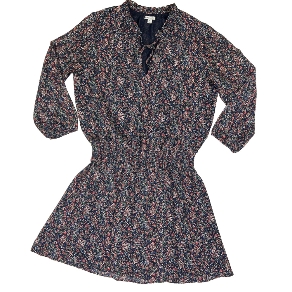 J.Crew Mercantile Womens Dress Medium Navy Floral Puff Sleeves Drop Waist V-Neck